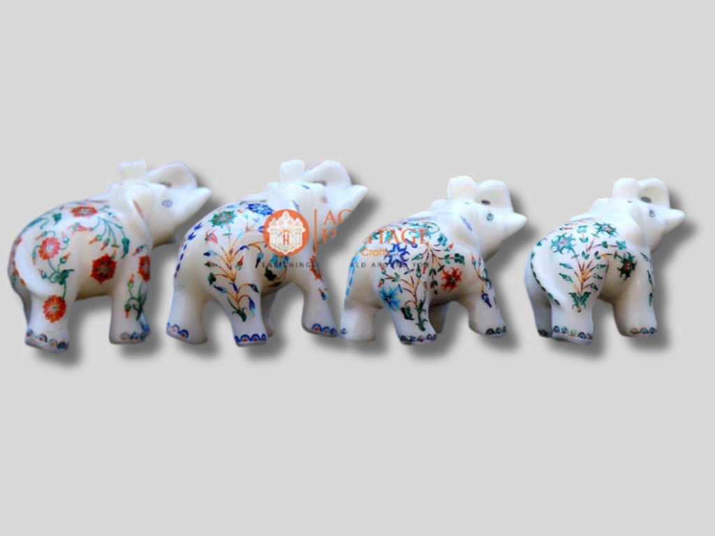 4 Pcs of Marble Inlay Elephant Statue Multi Floral Design